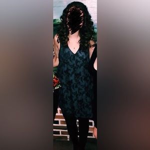 Astr Green and Black Velvet Floral Shift Dress, Size Small + Tights